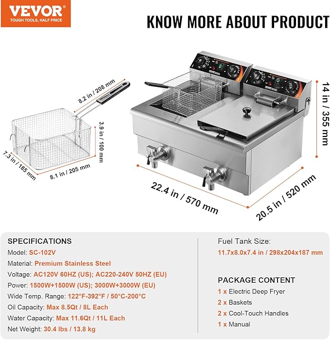 VEVOR Commercial Deep Fryer, Dual Tank 3000W Electric Countertop Fryer with Basket, 2 x 11.6Qt/11L Double Stainless Steel Oil Fryer with Drain, Time & Temp Control, for Kitchen Restaurant Use