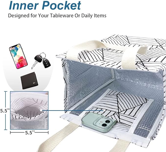 iknoe Insulated Lunch Bag for Women & Adults, 9L Foldable Wide-Open Cooler Bag with Pockets, Leakproof & Portable, for Picnic, Office, Beach(White diamond)