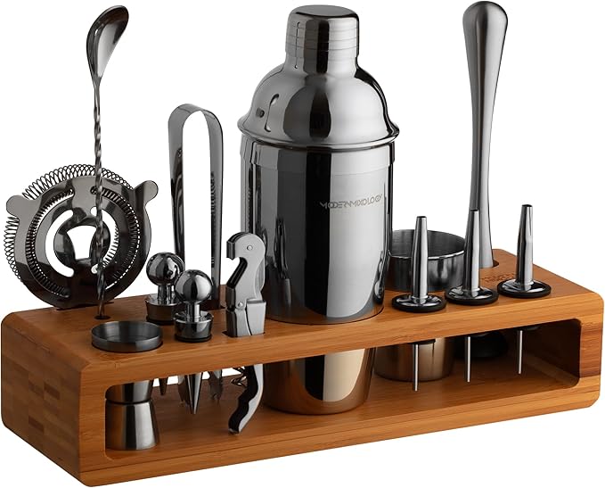 Modern Mixology 21-Piece Cocktail Shaker Set with Stand | Complete Cocktail Kit Gift Set | Top Bartender Gifts for Men & Women | Portable Bar Tools (Black, Brown Stand)
