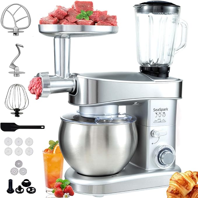 Multifunctional Stand Mixer, 6 in 1 Stand Mixer, 6.3Qt Tilt-head, Standing Mixer with Stainless Steel Bowl, Meat Grinder, Juice Blender, for professional Baking and Most Home Cooks, Silver