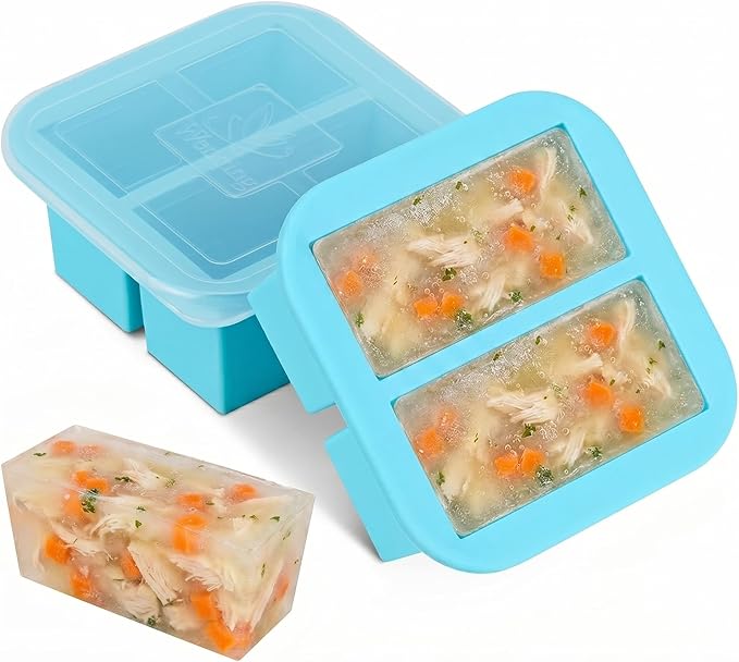 Silicone Freezer Tray with Lid 2 Pack Silicone Freezer Molds Ice Cube Tray Makes 4 Perfect 1 Cup Portions Soup Cubes Meal Prep Containers- Oven & Dishwasher Safe