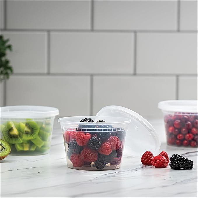Stack Man Deli Containers with Lids [48 Sets - 16 oz.] Pint Plastic Soup Container - Disposable Deli Food Storage Containers with Airtight Lids for Freezer & Restaurant Takeout