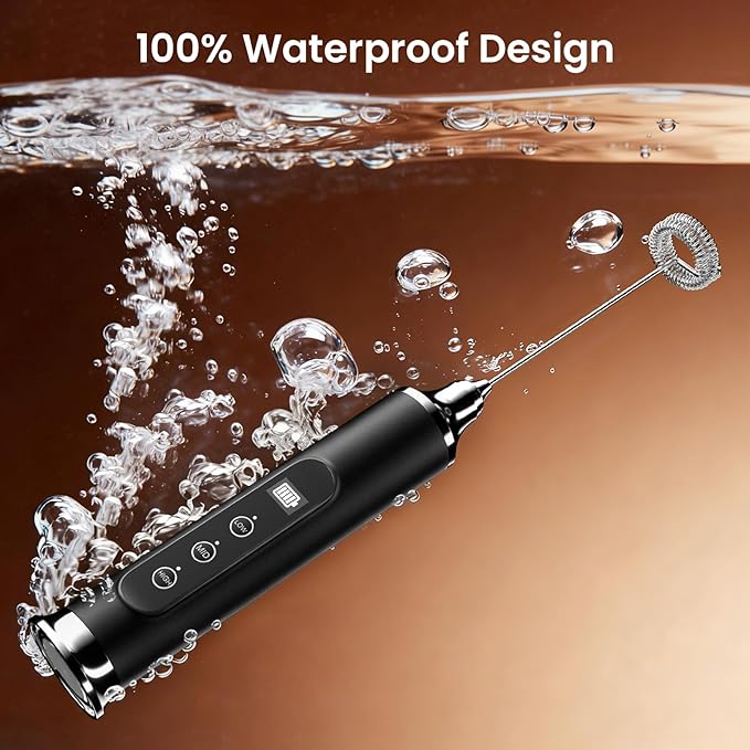 YUSWKO Milk Frother Wand for Coffee, Handheld Coffee Frother, Rechargeable Drink Mixer, Waterproof Electric Whisk, Black