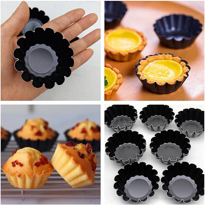 12-Pack 2.5 Inch Nonstick Mini Tart Pans Fluted Side for Pies Pan Round Deep Quiche Mold Heavy Duty Carbon Steel Baking Cupcake Egg Tarts Mousse Cakes Fruit and Desserts Molds for Oven