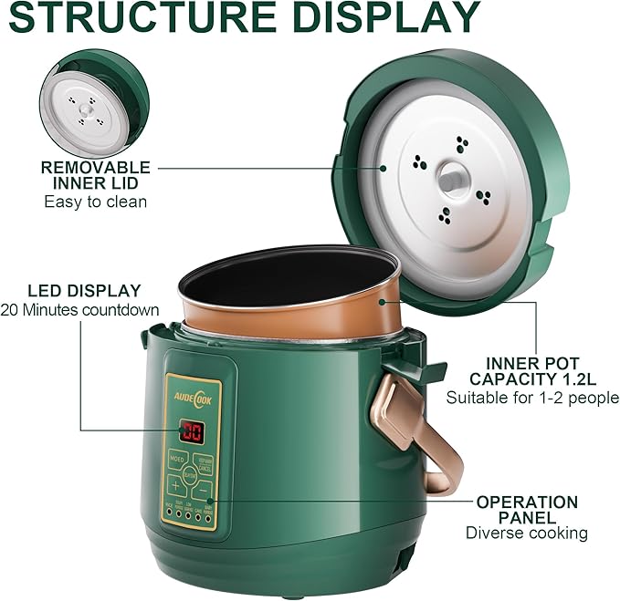Audecook Mini Rice Cooker, 1.2L Small Rice Cooker Non-Stick 2 Cups Uncooked with Stainless Steel Steamer, Travel Multicooker with Low Carb Function, 24 Timer Delay and Auto Keep Warm（Green）