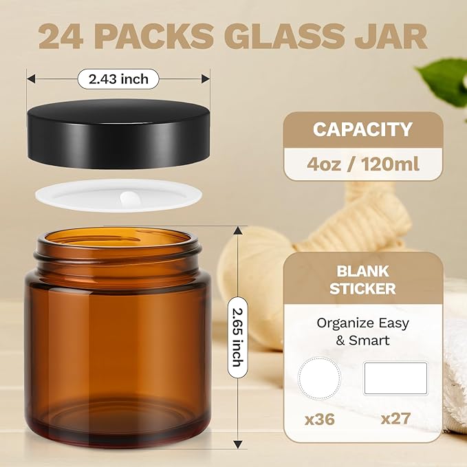 Bumobum 24 Pack 4 oz Amber Glass Jars with Lids, Small Glass Cosmetic Jars with Inner Liners, 120ml Round Empty Sample Containers for Cream, Lotions and Body Scrub