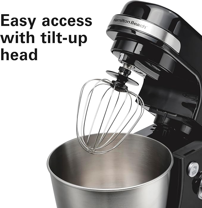 Hamilton Beach Electric Stand Mixer, 4 Quarts, Dough Hook, Flat Beater Attachments, Splash Guard 7 Speeds with Whisk, Black