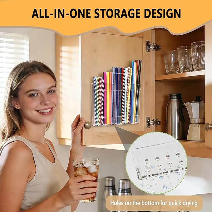 New Upgrade 9.5" Large Acrylic Straw Holder for Cabinet Door-Reusable Tumbler Straw Organizer Storage,Small Kitchen Organizers and Storage Accessories Container,Ultra Sticky Cupboard Door Mounted