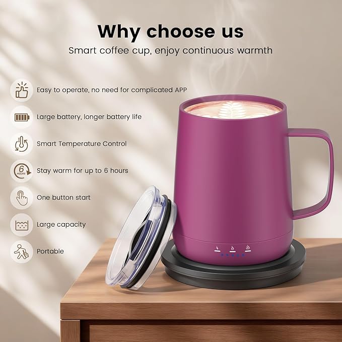 Smart Self Heating Coffee Mug,14oz Temperature Control Coffee Mug,Hot up to 150°F,Rechargeable Heated Coffee Mug,Up to 6H Battery Life,Coffee Cup Warmer,Great Gift for Coffee Lovers,Dad,Mom (Rose Red)