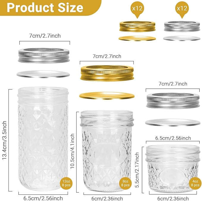 CycleMore 24 Pack Glass Mason Jars, Canning Jars With Bands & Lids, Ideal for Jam, Honey, Wedding/Shower Favors, Spice Jars & DIY - 4 OZ x 8, 8 OZ x 8, 12 OZ x 8 (4oz -8oz-12oz)
