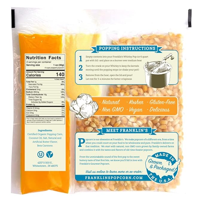 Franklin’s Gourmet Popcorn All-In-One Pre-Measured Packs - 2oz. Pack of 24 - Butter Flavored Coconut Oil + Butter Salt Popcorn Seasoning + Organic Corn - Authentic Movie Theater Taste – Made in USA