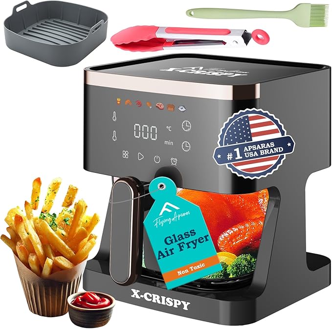 APSARAS USA Air Fryer Glass, 5.2QT Convection Oven Glass Air Fryer Non Toxic, Transparent Fry Bowl | Cook Shrimp, Steak, Fries, Wings, Chicken & More | Precise Temperature Control & Time