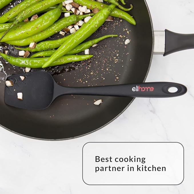 Elihome Chef Series 3 Piece Silicone Spatula Set - 600°F Heat Resistant Non Stick Rubber Kitchen Scraper Spatulas for Cooking, Baking, Mixing – BPA Free and LFGB Certified Silicone(Black)