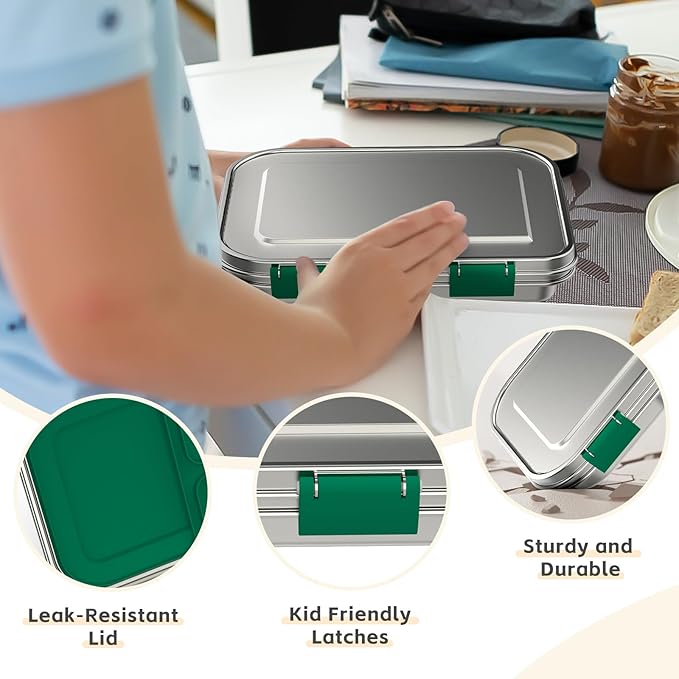 BOSEDSANG Stainless Steel Kids Leak-Resistant Bento Lunch Box, 3-Compartments with Silicone Container, Dishwasher-Safe, Child-Friendly Design for School, Picnics & Travel,BPA-Free (Green)