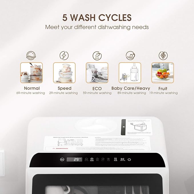 NOVETE Portable Countertop Dishwashers, Compact Dishwashers with 5L Built-in Water Tank & Inlet Hose, 5 Washing Programs, Baby Care, Air-Dry Function and LED Light for Small Apartments