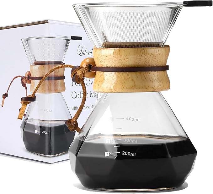 Lalord Pour Over Coffee Maker with Stainless Steel Filter, Borosilicate Glass Coffee Carafe, Modern Wooden Collar, Coffee Maker Carafe, Hold 2 Cups, 400 ml/13.5 oz, Clear