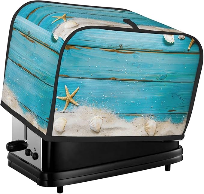 Seashells Starfish Blue Wood Toaster Cover 2 Slice, Cute Rural Bread Machine Cover, Washable Dust-Proof Cover for Kitchen Small Appliance Cover,with Top Handle