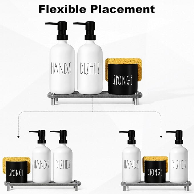 ALPIRIRAL Kitchen Soap Dispenser Set,16.9 fl oz Hand and Dish Soap Dispensers with Tray, Kitchen Soap Dispenser Set with Sponge Holder, Instant Dry Tray,Kitchen Decor(White&Black)