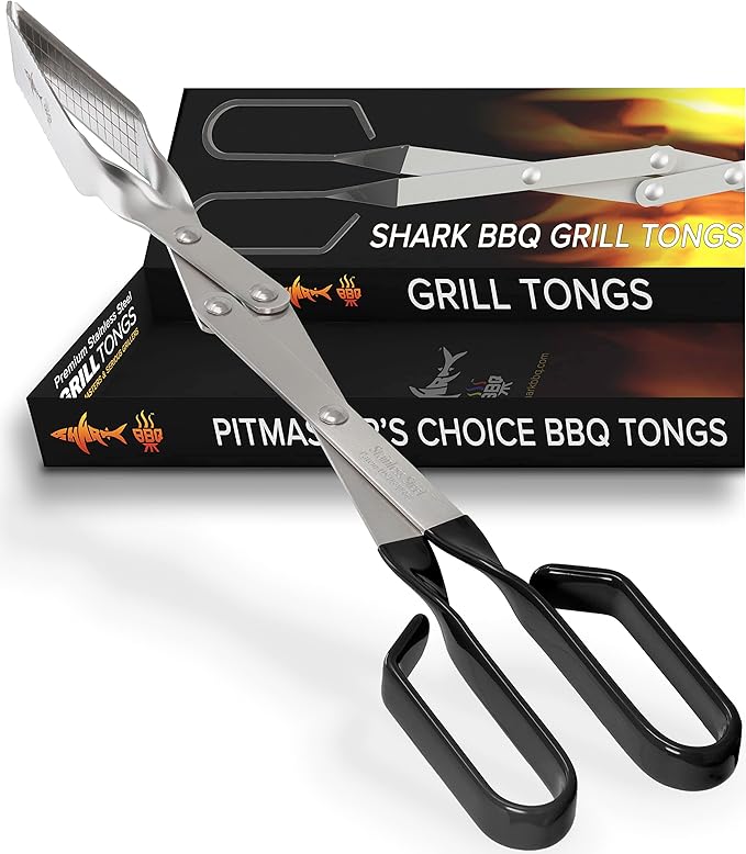 Shark BBQ Grill Tongs - 17 inch Black. Professional kitchen and outdoor grilling utensil. Long reach Barbeque Grilling Tongs. Ideal for steak, fish, burger, and sausage