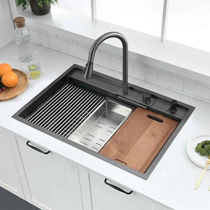 30 inch Black Drop in Kitchen Sink Workstation with Waterfall Faucet Combo -VOKIM 30x22 Drop in sink Workstation 16 Gauge Stainless Steel Single Bowl topmount Kitchen Sink with Waterfall Faucet