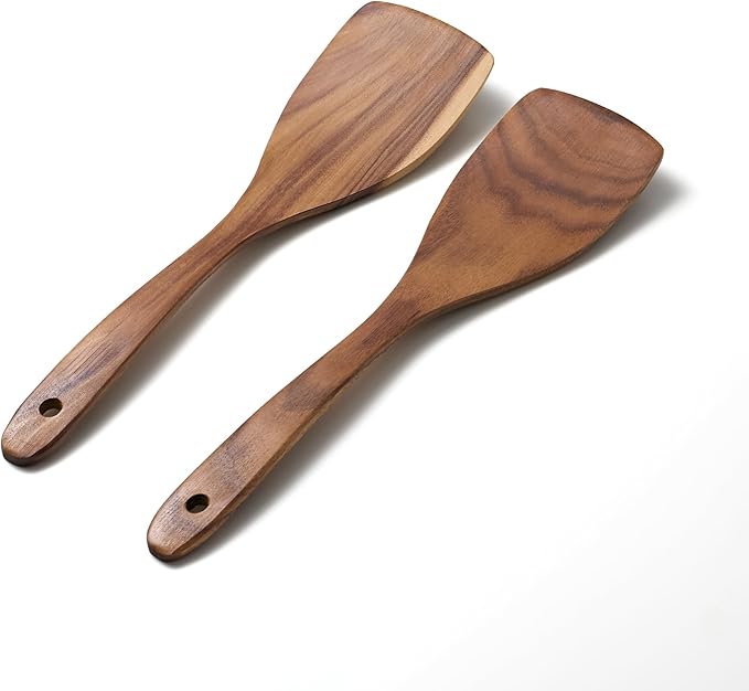 2 Pcs Wooden Spatula for Cooking Flat Wooden Spatula Set 12.5 inch Teak Spatula Set Flat Spatula for Non Stick Frying Pan Wood Cooking Utensils Set Wood Kitchen Utensils Set for Cooking