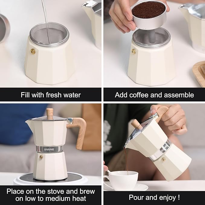 Sivaphe Aluminum Moka Pot 9 Espresso Cups, Percolator Espresso and Coffee Maker, Portable Stovetop Italian and Cuban Café Brewer for Home and Camping White