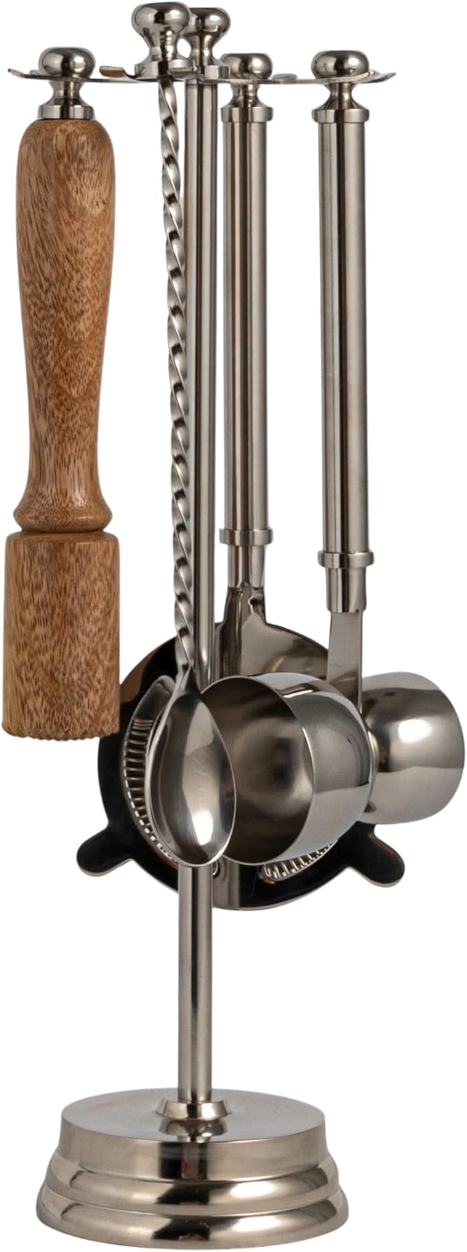 Creative Co-Op 5-Piece Stainless Steel and Mango Wood Bar Tools with Stand, Nickel Finish and Natural