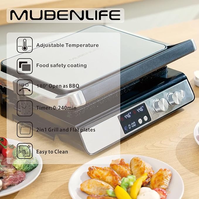 Panini Press,4 Slices Contact Grill with Removable Non-Stick Coated Grill and Flat Plates,Panini Makers with Temperature Control and Timer,Open 180 Degrees,Grill and Griddle (Silver with digital)