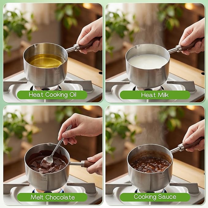 2 Pcs 18/10 Stainless Steel Butter Warmer Measuring Pan 8.5 oz and 4.2 oz Milk Coffee Chocolate Butter Melting Pot with Dual Pour Spout and Wooden Handle for Induction Cookers and Gas Stoves