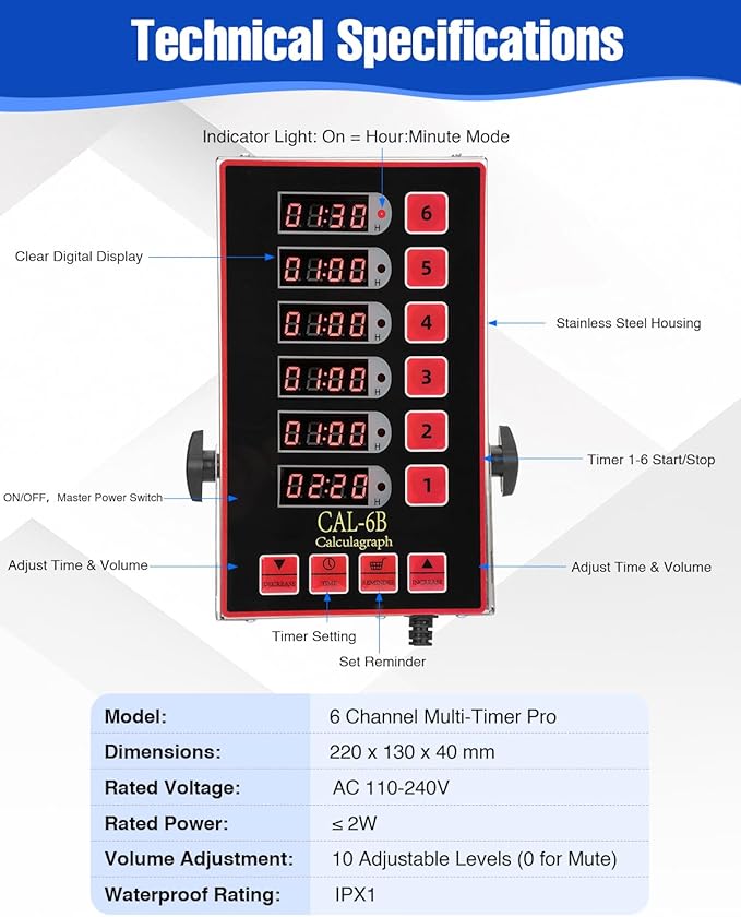 Commercial Kitchen Timer, 6 Channel Timer Restaurant Kitchen Supplies, Heavy-Duty Timer - Stainless Steel | Digital LED Technology | Reminder Function | Loud Alarm