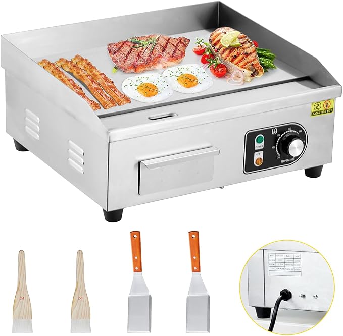 Takywep 18 Inch Electric Griddle, 1600W Electric Countertop Griddle, Non-Stick Restaurant 110V Teppanyaki Flat Top Grill Stainless Steel Adjustable Temperature Control 122°F-572°F (with PLUG)