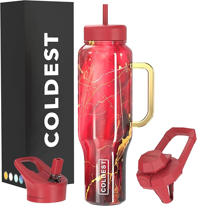 Coldest Tumbler with Handle and Straw, 100% Leak Proof Insulated Tumbler with Lid and Straw (3 Lids), Stainless Steel Tumblers for Women & Men, Cup Holder Friendly Base, 46 oz (Red Luna)