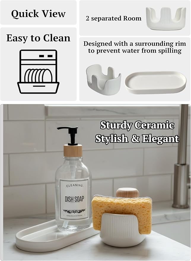 Ceramic Double Sponge Holder with Soap Tray, 2-Slot Countertop Sink Organizer, Modern White Kitchen Sponge & Dish Soap Holder, Rust-Free, Easy to Clean, Decorative Sink Caddy Set