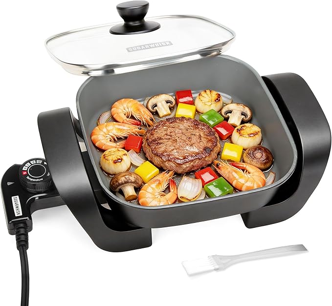 SugarWhisk 8-inch Ceramic Coated Electric Skillet with Lid, Non Stick Skillet Griddle Pan Electric, Rapid Heat Up, 650W, Breakfast Skillet, Kitchen Appliances for Cooking, Graphite