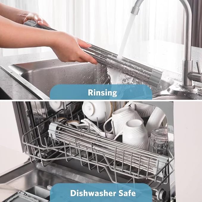 Upgraded Roll Up Dish Drying Rack(21.5” x 13.1”) Over Sink Dish Drainer Foldable Stainless Steel Trivet for Kitchen Countertop