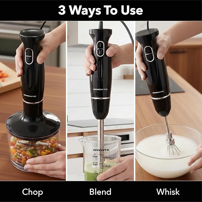 OVENTE Immersion Hand Blender Set, 300W Electric Handheld Stick Mixer, 2 Mixing Speeds with Stainless Steel Blades, Egg Whisk, Beaker & BPA-Free Food Chopper, Black HS565B
