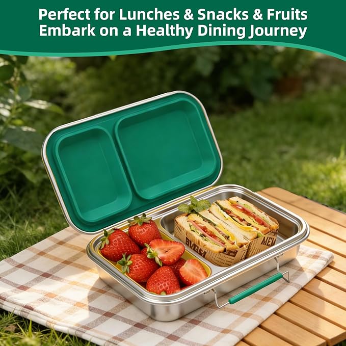 Stainless Steel Bento Box for Adults, 22.6 oz Compact 2-Compartment Metal Lunch Box with 2 Containers, BPA-Free Portion Control Food Container for Work and Travel, Dishwasher Safe(Green)