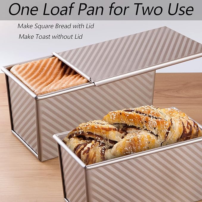 Pullman Loaf Pan with Lid, Aluminized Steel 1 Lb Nonstick Sandwich Bread Pan for Homemade Bread, 8.4x4.8 Inch Professional Rectangular Loaf Pan with Dough Scraper and Cutter