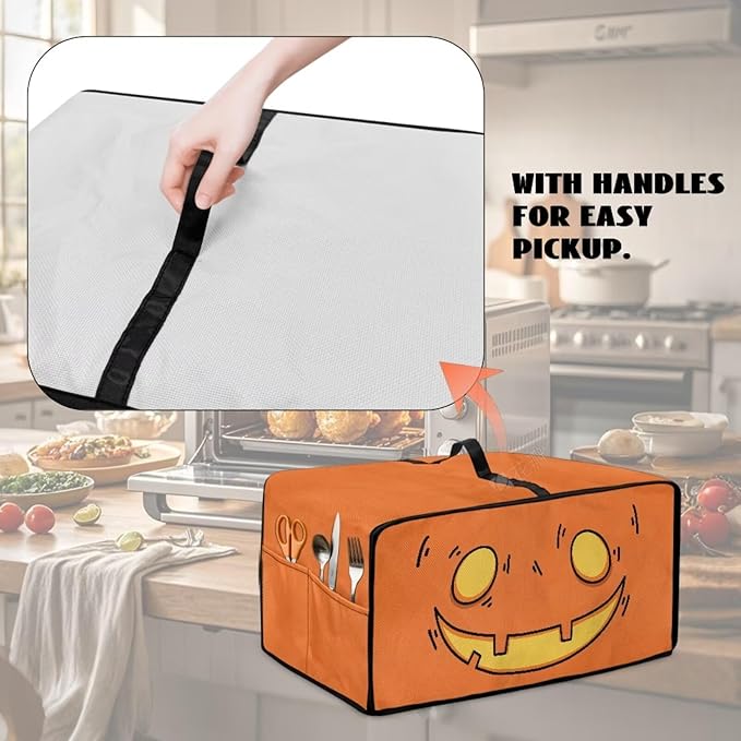 Air Fryer Toaster Oven Cover Fabric Convection Oven Cover with Pockets, Washable Small Appliance Dust Protection, S, Cartoon Pumpkin Face Pattern Halloween Decor