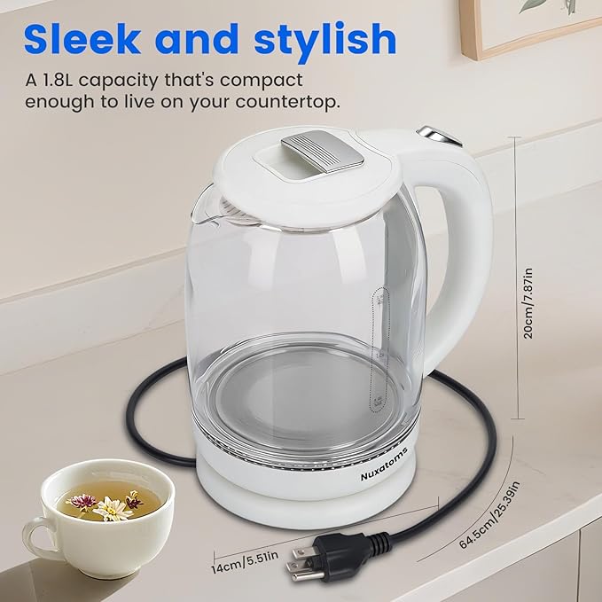 Household Electric Kettle, All 304 Stainless steel and No Plastic Contact, Automatic Shut-off,Borosilicate glass Visual Boiling, 2.0L Water Boiler & Tea Kettle Perfect For Tea & Coffee (pure white)