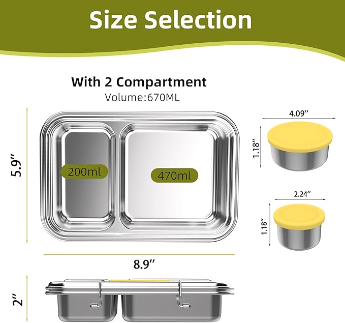 Stainless Steel Bento Box for Adults, 22.6 oz Compact 2-Compartment Metal Lunch Box with 2 Containers, BPA-Free Portion Control Food Container for Work and Travel, Dishwasher Safe(Yellow)