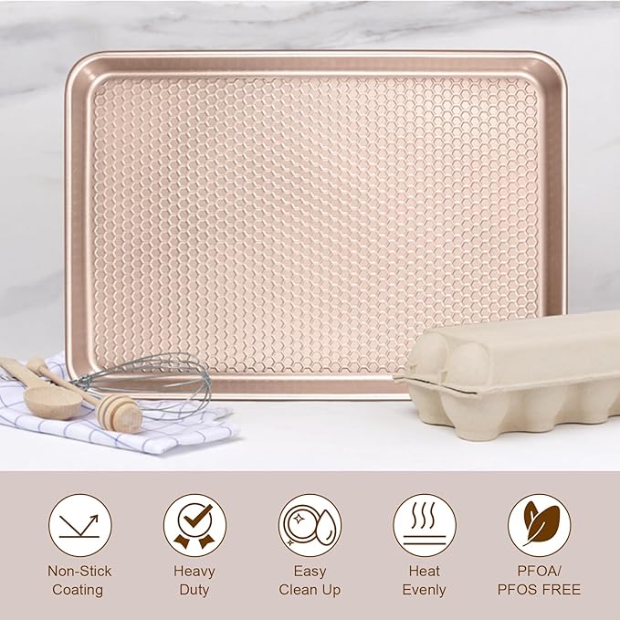 Wildone 2 Pack Half Sheet Baking Pans, Honeycomb Embossed Nonstick Baking Sheet 17.5x12 In, Thicker Carbon Steel Cookie Sheet, Even Heating & Warp Resistant, Rose Gold