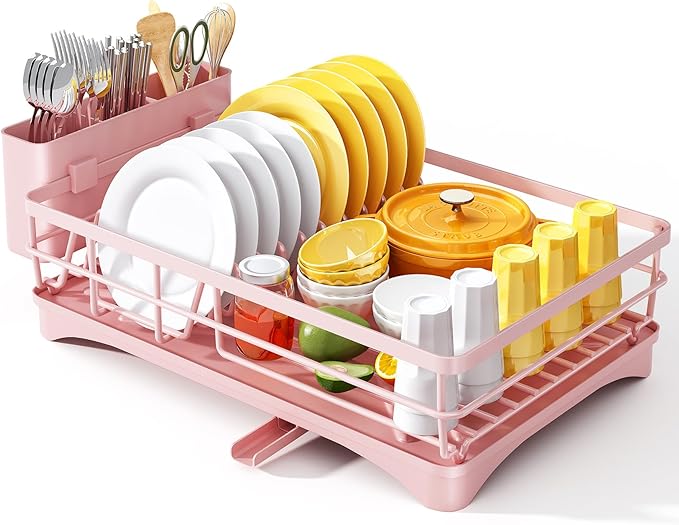 Dish Drying Rack for Kitchen Counter - Large Dish Rack with Drainboard, Rustproof Dish Drainer with Utensil Holder for Sink, Pink