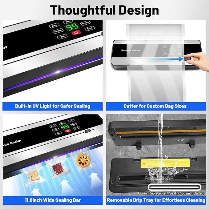 Cordless Vacuum Sealer Machine with UV-C Light, Digital Display & Built-in Cutter, Compact Rechargeable Food vacuum Sealer for Dry & Moist Foods, Includes 10 Pre-cut Bags & 1 Roll Bag (Black)