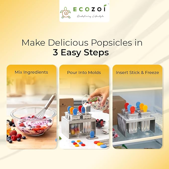 Ecozoi Stainless Steel Popsicle Molds, 6 Mini Popsicle Makers, 6 Reusable Stainless Steel Sticks, 12 Silicone Seals and 1 Rack, Eco Popsicle Molds for Kids and Adults, 2 oz Per Mold (Square)