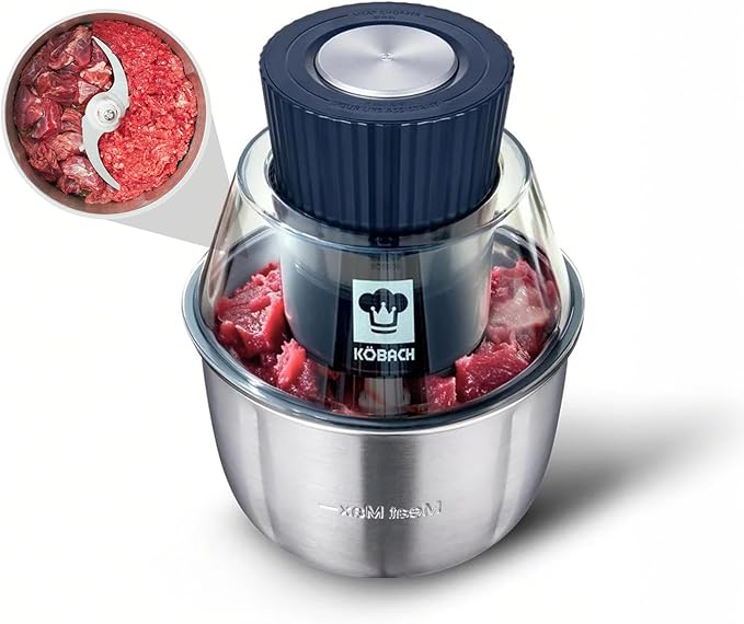 KOBACH Electric Food Processor & Meat Grinder – 1.9 Qt Food Chopper with Pure Copper Motor, Dual-Layer Blades, Procesador de Alimentos Electrico