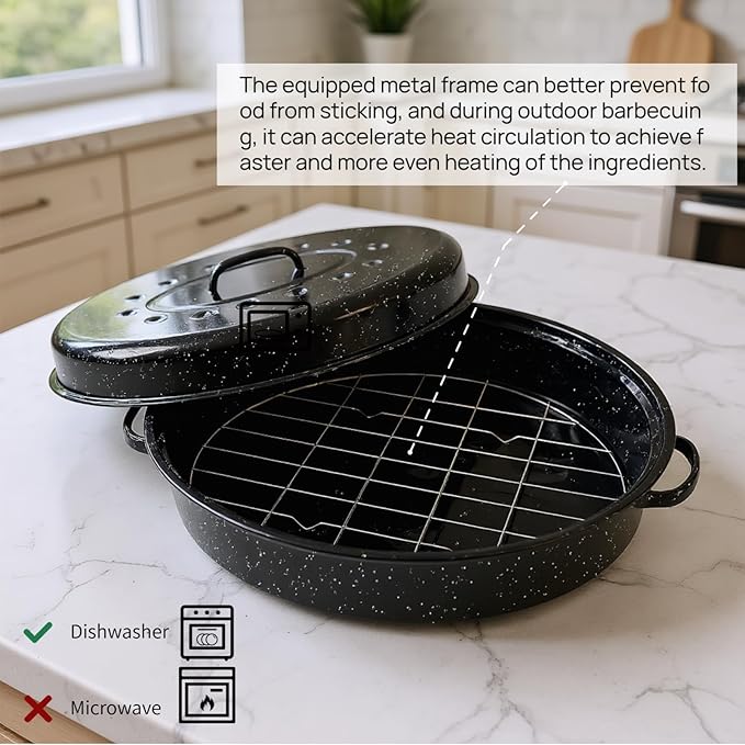 Oval Roasting Pan with Lid and Rack 18" Large Roaster Pan Set Comes With Lron Rack Enamel Cook Ware Dishwasher Compatibility Granite Oven Roaster