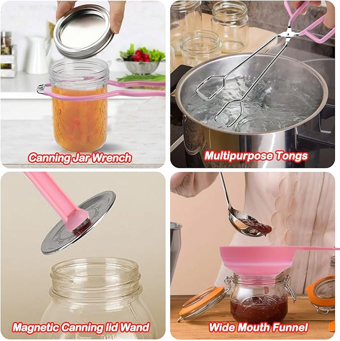 Home Canning Supplies Starter Kit, Food Grade Stainless Steel Canning Tools with Jar Lifter Tongs, Funnel, Labels, Magnetic Lid Lifter, Essential Canning Accessories Equipment Set for Beginners, Pink