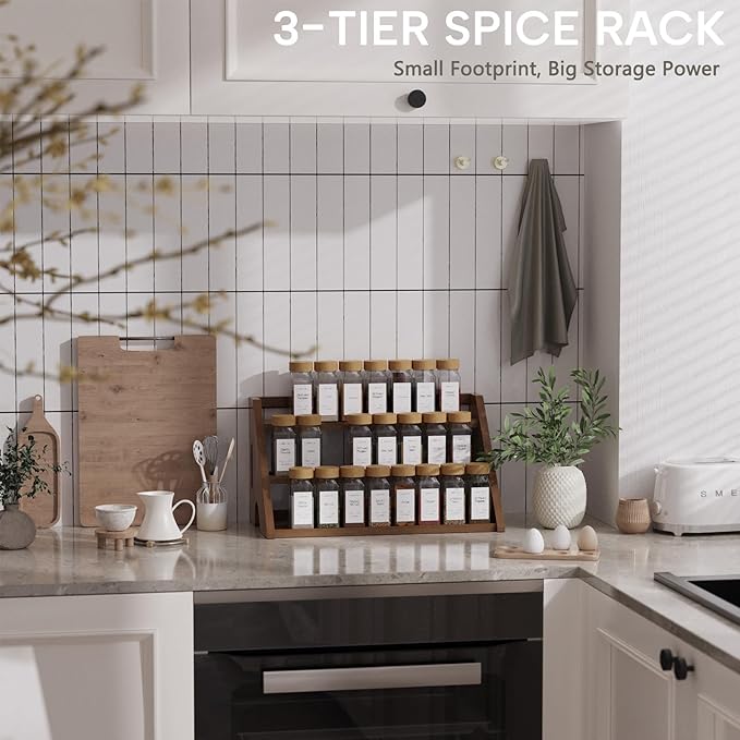 Bamboo Spice Rack Organizer -3-Tier Spice Rack for Countertop,Cabinet Spice Rack Organizer for 24 Spice Jars(4oz)，Step Shelf (Walnut)