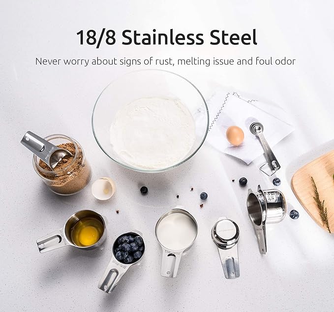 U-Taste 18/8 Stainless Steel Measuring Spoons Set of 8 and Measuring Cup Set of 7 for Dry and Liquid Ingredient with Engraved Measurement